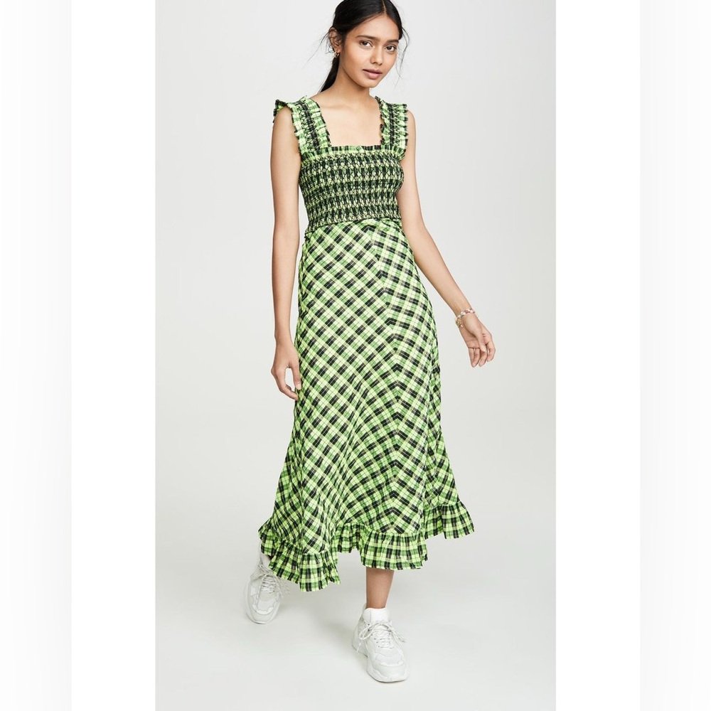 GANNI Seersucker Check Maxi Dress in green - Picture 7 of 13
